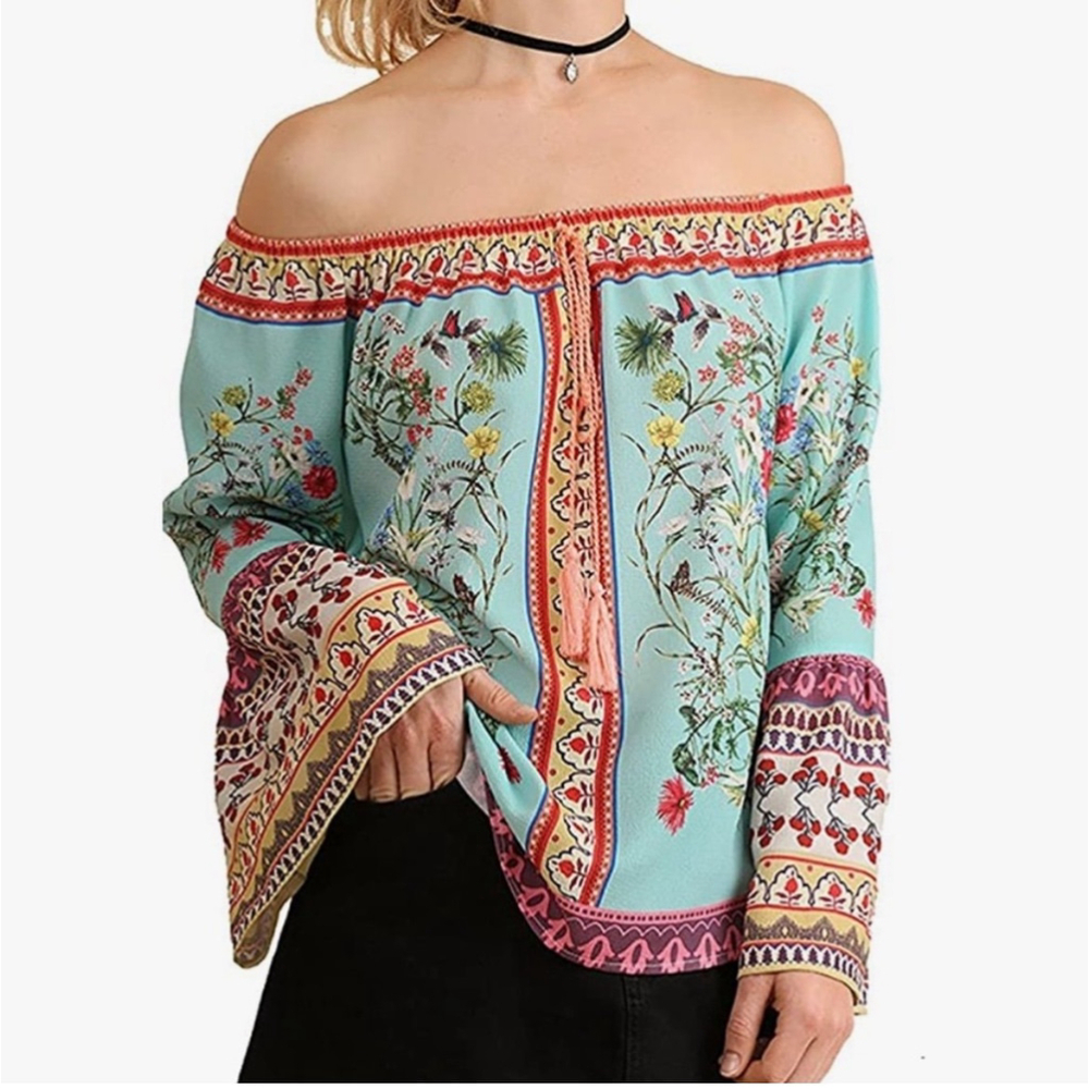 Umgee USA Womens XL Straight Off The Runway Border Print Off the Shoulder Top